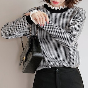 Check knit with frilled sleeve collar TB-TO-0089