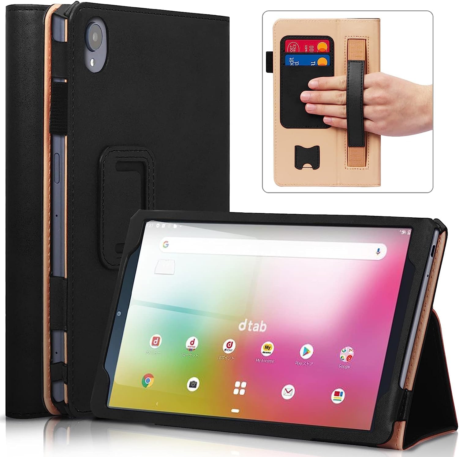 docomo Compact dtab d-52c 8インチ 2022新型,タブレット ケース d-52c 用多機能保護カバー 高級PUレザーケース スタンド機能付 タッチペン収納可能 ハンドストラップ付 カード収納可能 (Black)