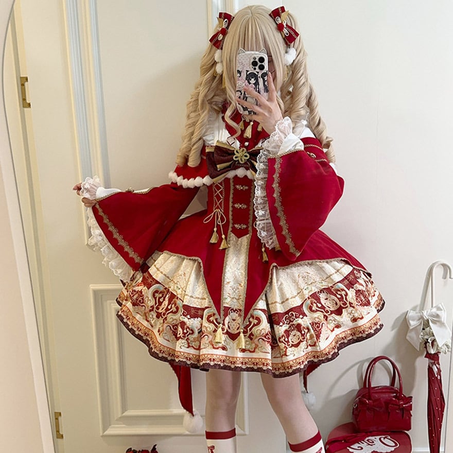 中華ロリィタ ドレス セットアップ リボン チャイナ風 姫袖ブラウス