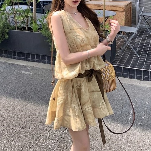 Vネックペイズリーウエストリボンワンピ ・11674