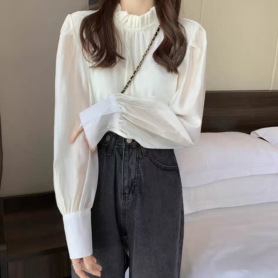 ベロア×シフォン フリルネックブラウス　AJ44170-650