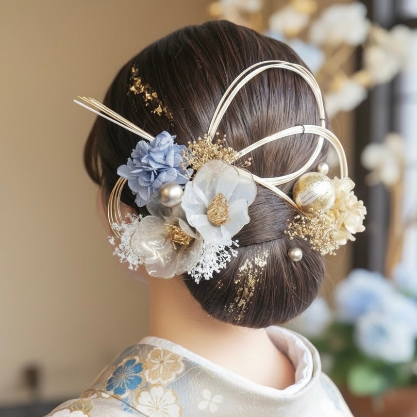 A149 ブルー クリア椿 水引アレンジ ドライフラワー 髪飾り 成人式 卒業式 振袖 結婚式 袴