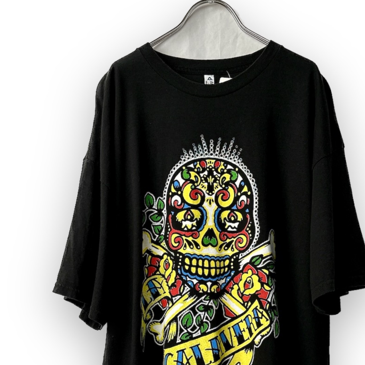 ドクロ プリント デザイン ビッグシルエット ゆるダボ サイズ:XL 半袖 Tシャツ 黒 古着