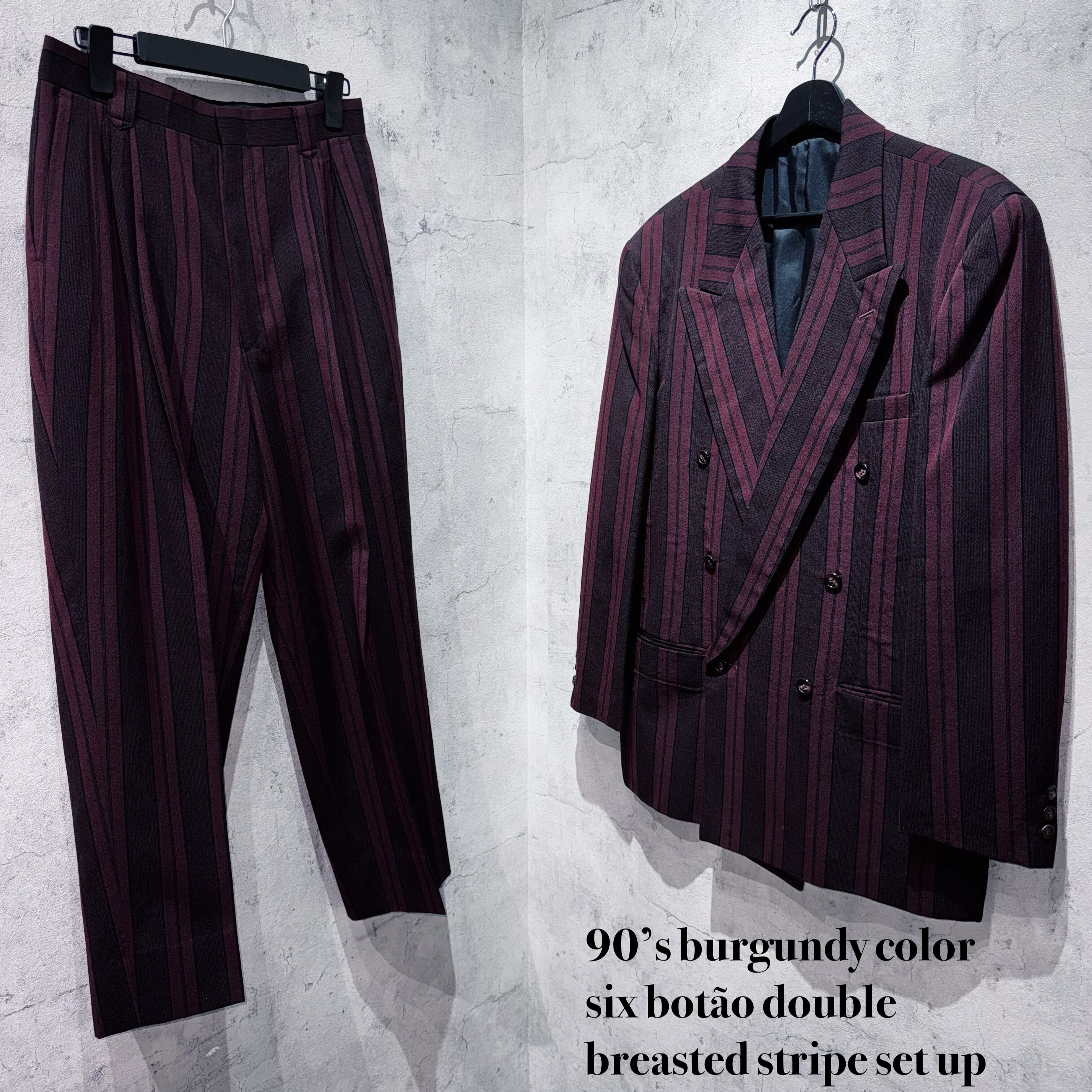 90’s burgundy color six botão double breasted stripe set up