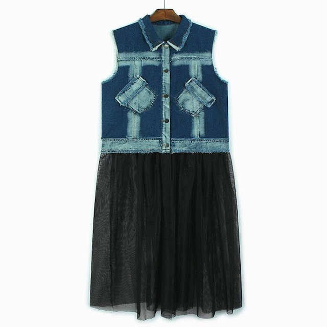 MESH FRAYED DENIM MIDI VEST M-16543