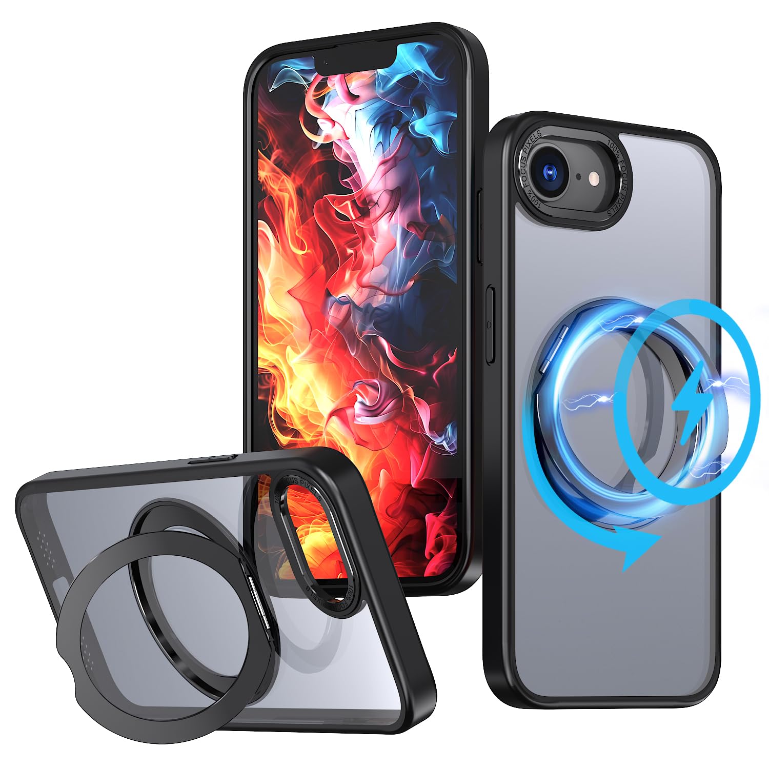 iPhone SE3 / iPhone SE2 用 ケース 360° 回転リング MagSafe iPhone8 / iPhone7 / アイフォンSE3 / アイフォンSE2 カバー ワイヤレス充電 リング TrendKase アイホン8 携帯ケース マグセーフ対応 あいほんse3 スマホケース 縦横無尽に回転 多機能スタンド 衝撃吸収 柔軟フレーム 「ブラック」