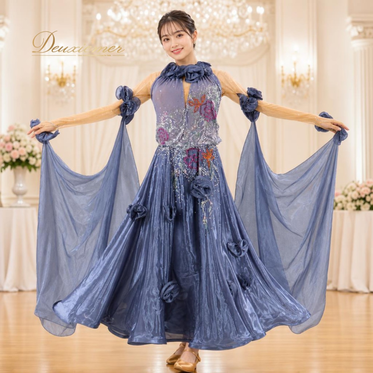 社交ダンス 衣装 TAKA DANCE タカダンス ドレス スタンダード グレイ系 ブルー系 花 ラインストーン デモ 競技用 フロート 光沢 高級感 フリル キラキラ 華やか ダンス衣装 イベント ステージ パーティー レース シルバー系 ピンク系