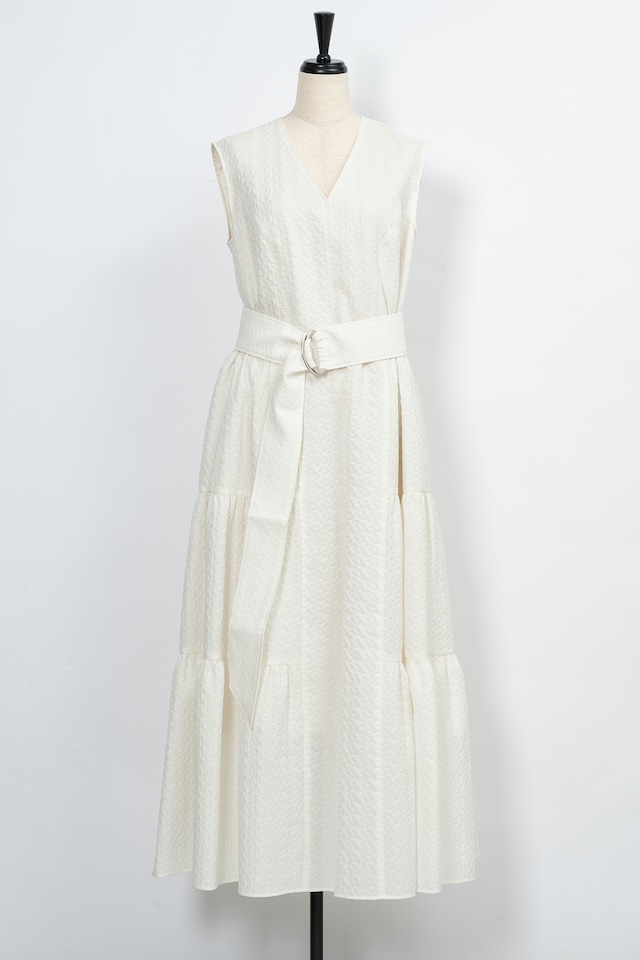 Sparkry Jaquard Tired Side Gather Dress　OFF WHITE