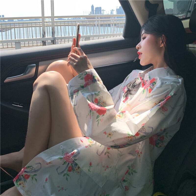 スタンダードスタイルFlowerデザイン プリント柄ルーズシャツ レディースジャケット ロング レトロ フラワーデザイン ドラファッションホール29932628023