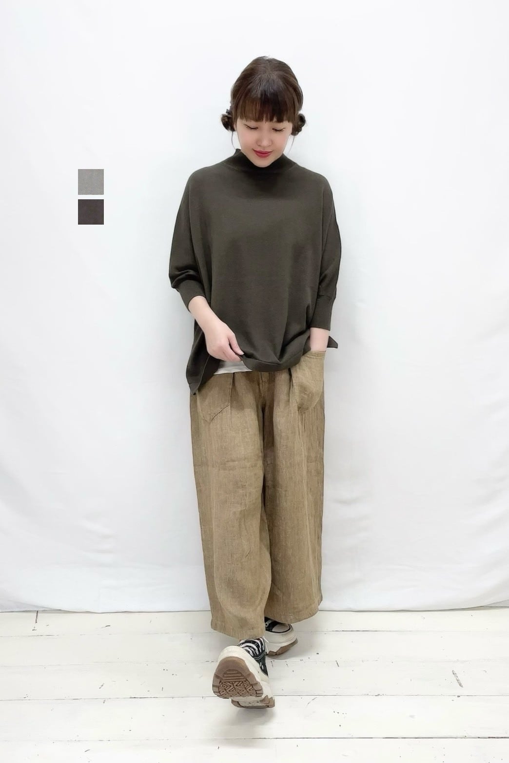 HEAVENLY】コットンリネンニットモックネックドルマンプルオーバー