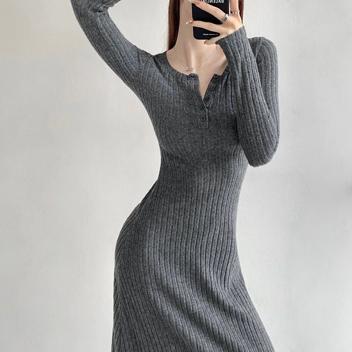 henry neck rib knit one-piece la0307 | Lavissy
