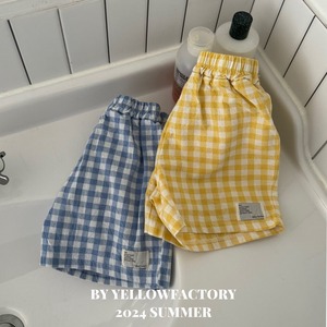 【 yellow factory】ギンガムナチュラルコットンショートパンツ 80〜120cm ブルー 240529