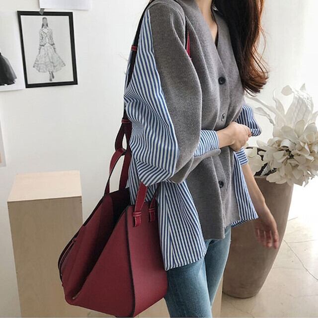 全2色 レディース カーディガン ストライプ シャツ切替 異素材ミックス