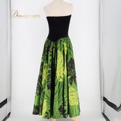 フラダンス 衣装 ワンピース ドレス u'ino! ブラック系 グリーン系 ハワイ製 ベロア チューブトップ 異素材 かわいい 華やか 鮮やか 高級感 光沢 上品 きれい 黒 緑 ハワイアン アロハ ハワイアンプリント フラ ダンス レッスン 練習 おしゃれ