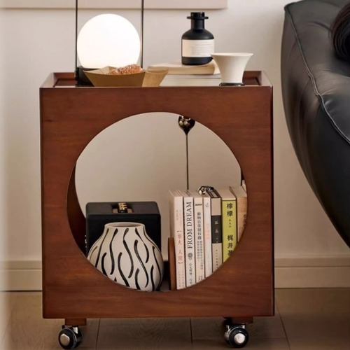 サイドテーブル キューブ型 円形収納 キャスター付き 移動式 北欧風 木製 モダン インテリア リビング ベッドサイド 多機能 おしゃれ