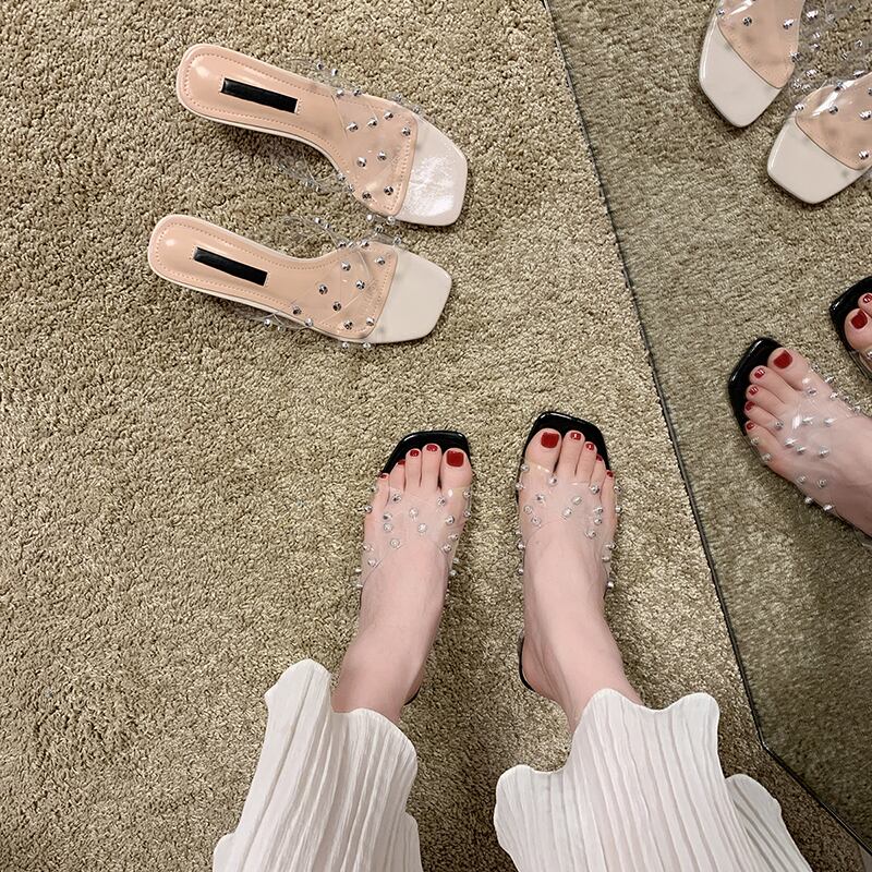 クリスタルスリッパ女性の夏の摩耗2020新しい野生のinsネット赤いリベットハイヒールサンダルins潮 部族の婦人靴2582724