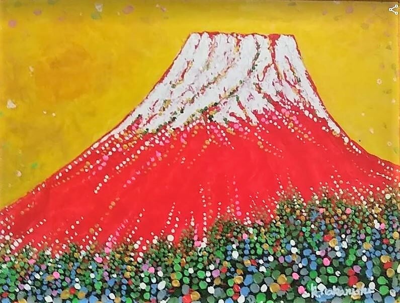 中西一夫「赤富士」油彩画 額縁外寸58.0x49.0x6.0㎝ 絵41.0x31.8㎝張