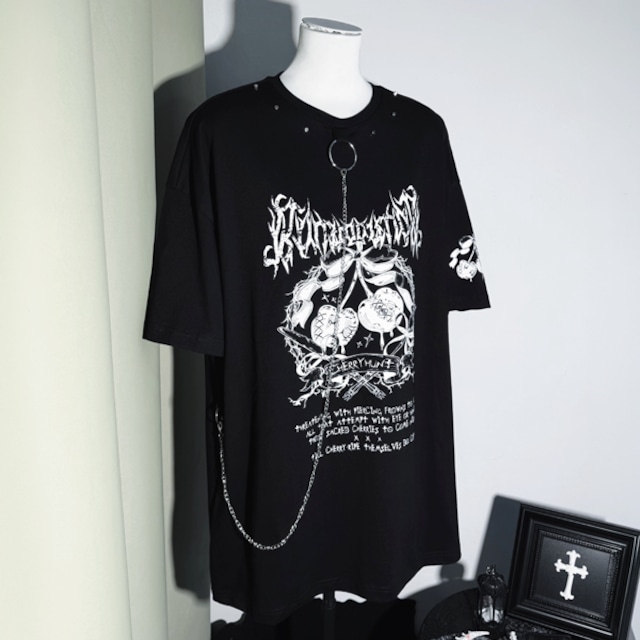 チェリーグラフィックチェーンルーズTシャツ(lli_7168)