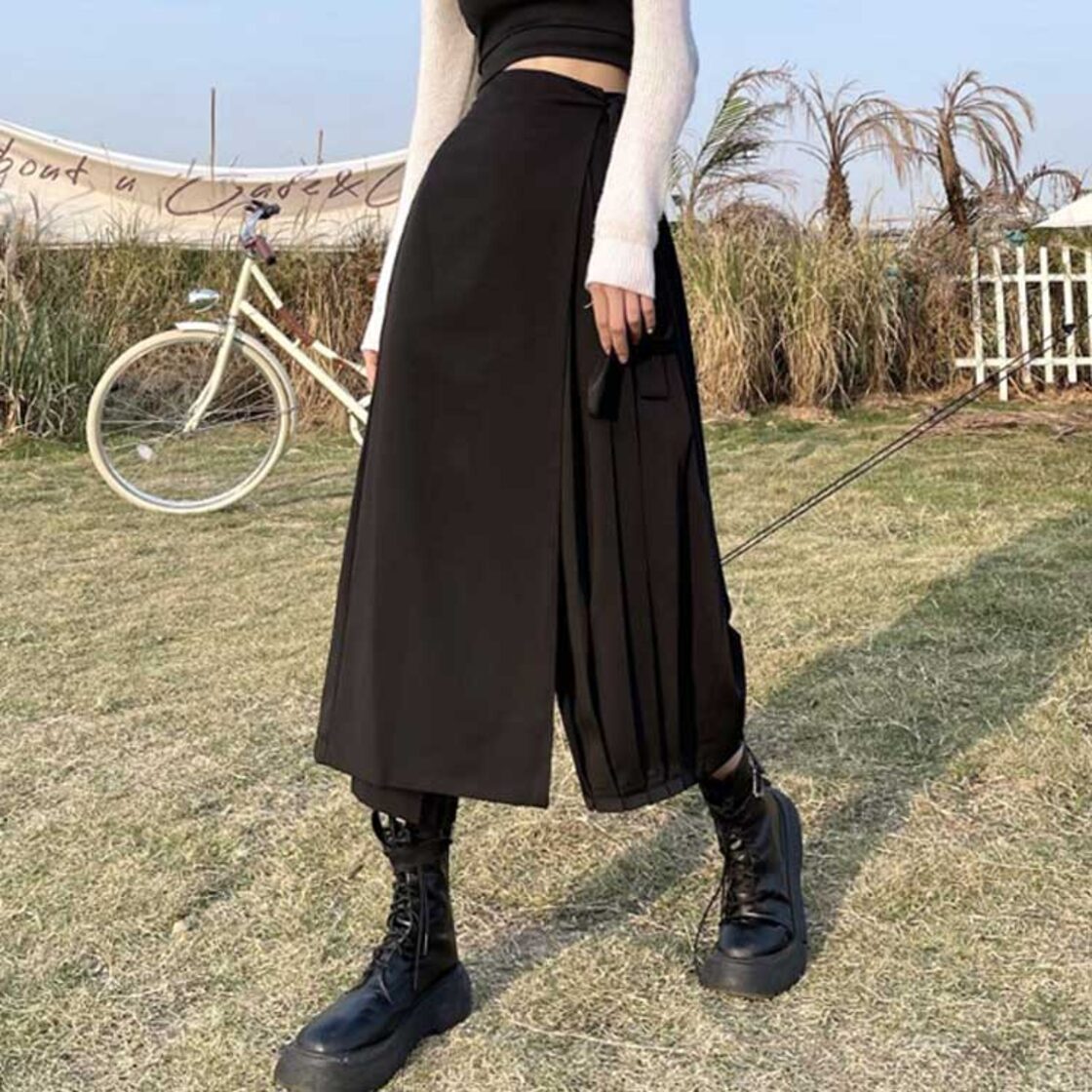 無地 袴パンツ ワイドパンツ ラップパンツ ハカマパンツ 黒 袴パンツ 
