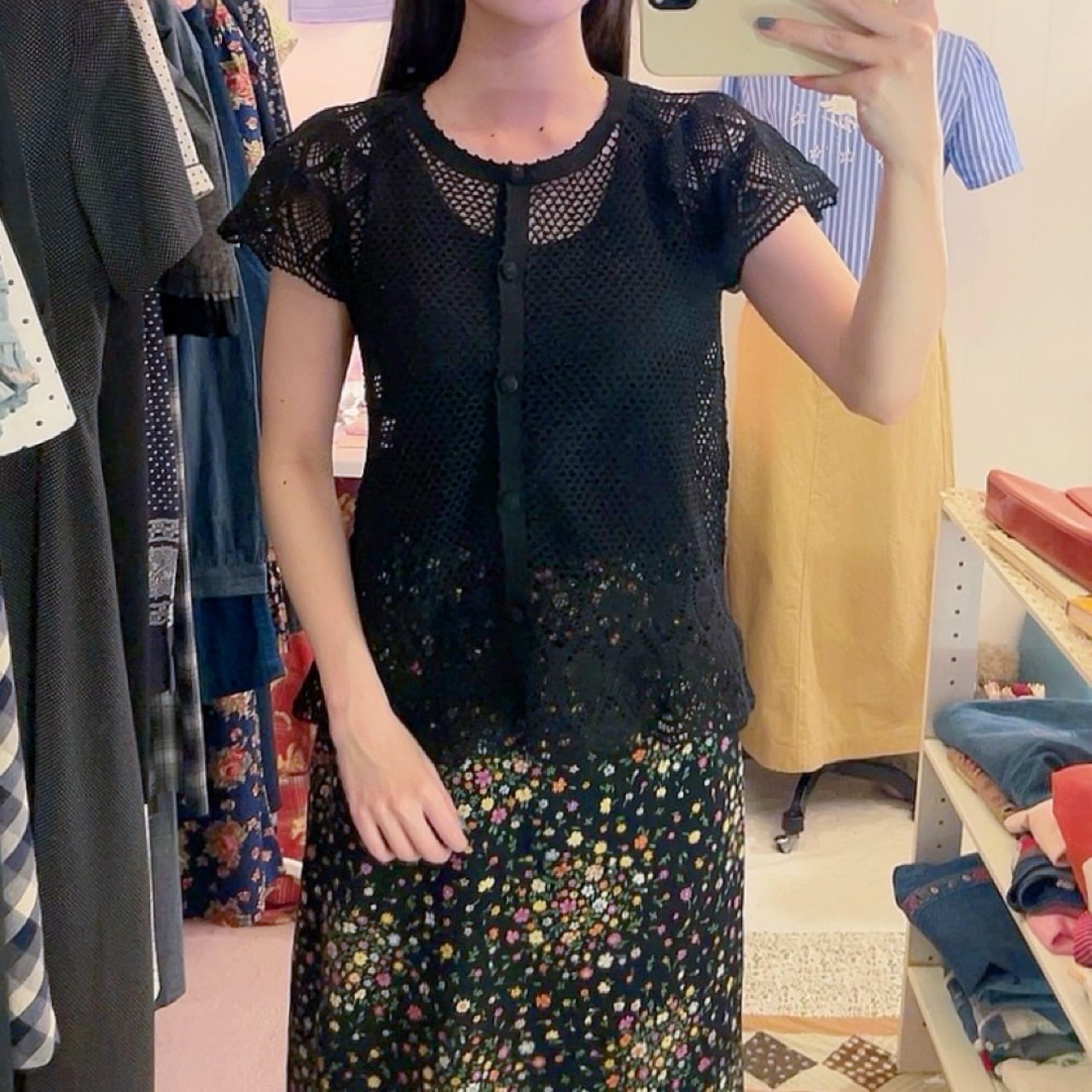 black cotton mesh knit cardigan