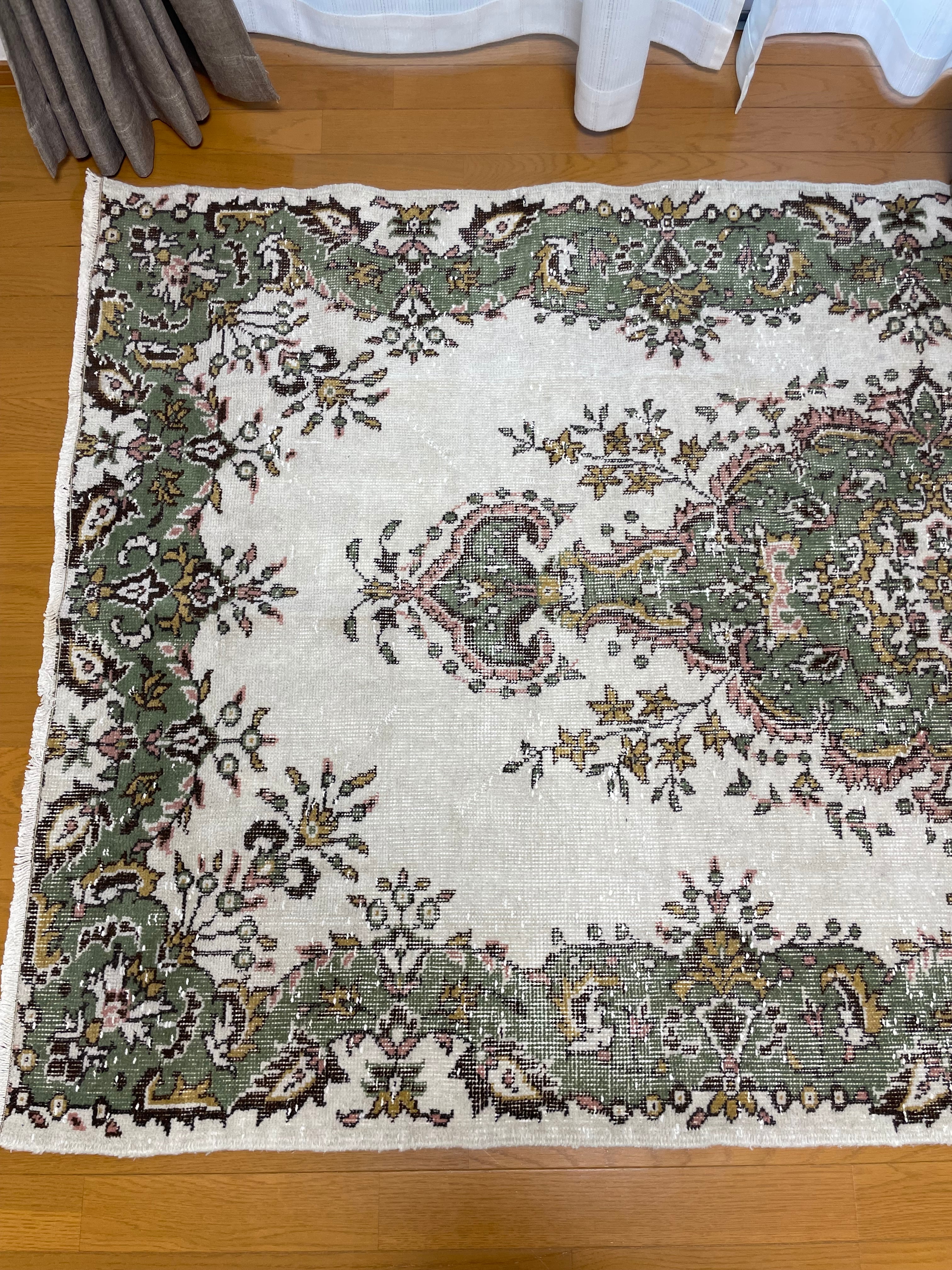 ヴィンテージランナーラグ 抹茶グリーンメダリオン トルコラグ vintage