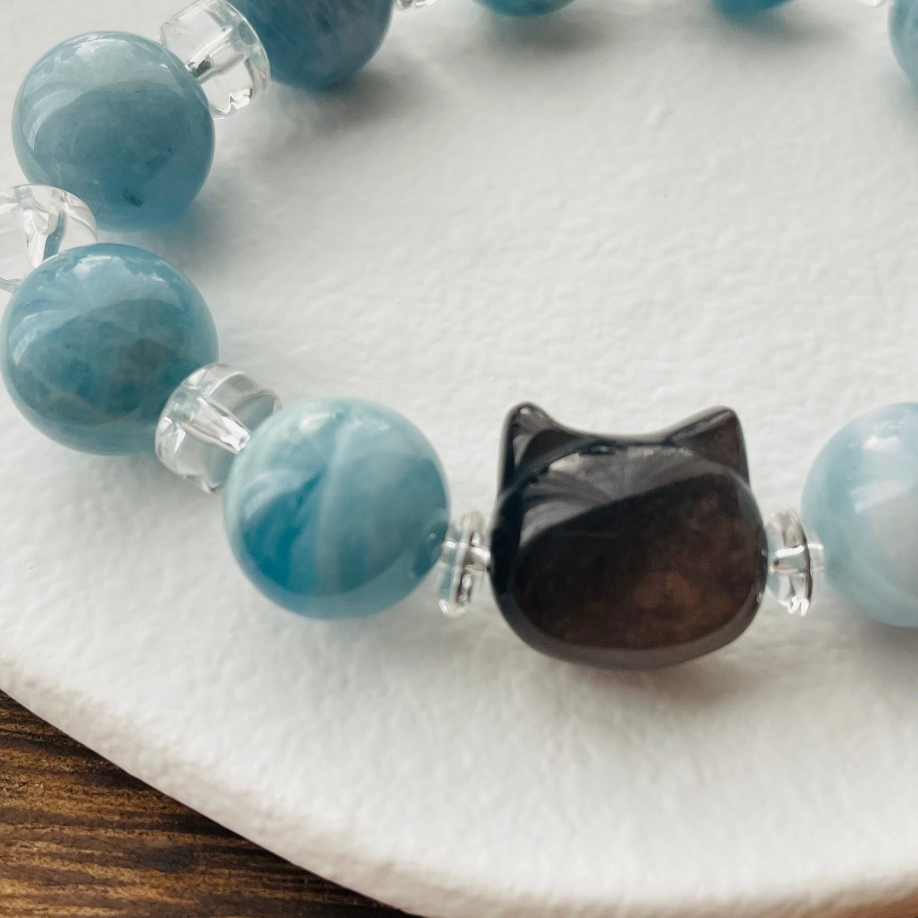 4335-⑬パワーストーン|ブレスレット|浄化・癒し| 猫雑貨 猫モチーフ 猫グッズ アクセサリー 天然石 3月誕生石 プレゼント ギフト レディース