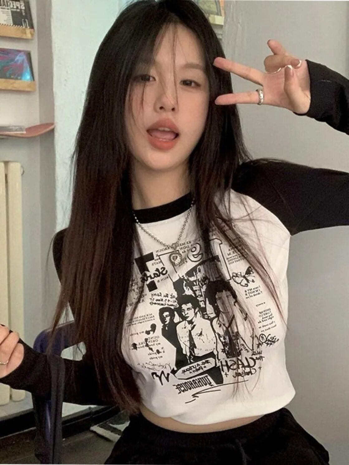 Y2k-黒と白の縫い目が付いたTシャツ,タイトな長袖トップス,対照的な色 