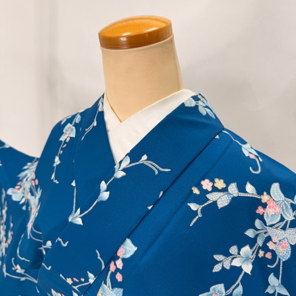 小紋 単衣 洗える着物 裄65.5cm 身丈163cm 花柄 お洒落着 普段着 ポリエステル 青 美品 M サイズ 6425