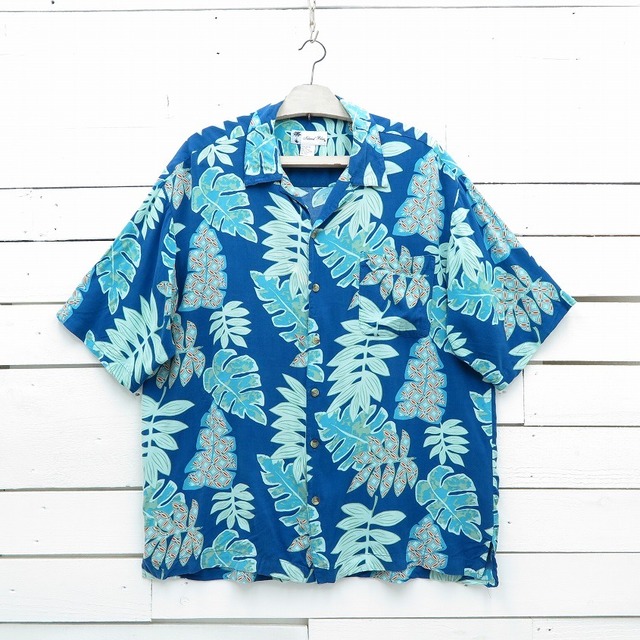 Island Blue ハワイアンシャツ シダ柄 オープンカラー レーヨン アロハシャツ 総柄 メンズ XLサイズ