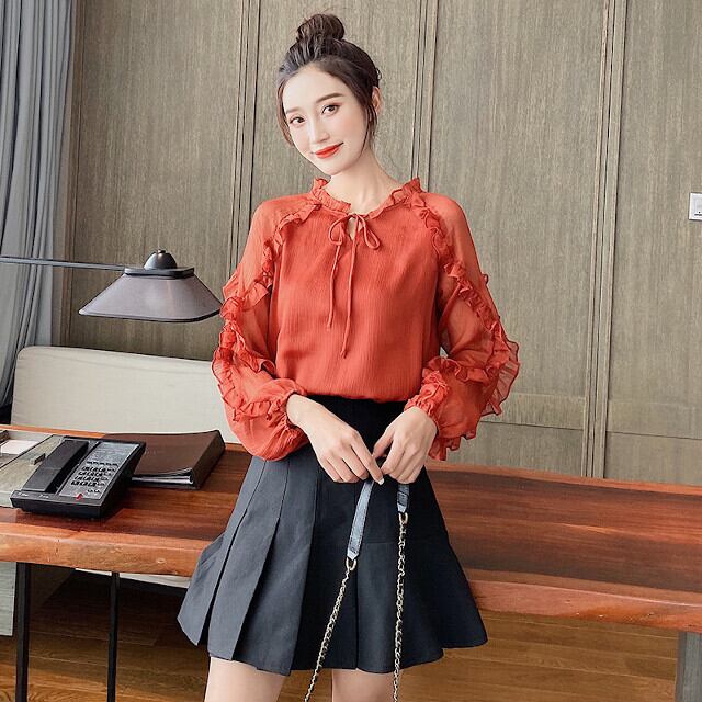 レディース トップス ブラウス シャツ スタンドカラー 袖コンシャスベイクド 無地 シアー シースルー くすみカラー レッド S/M/L/XL/2XL