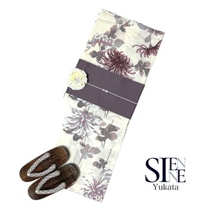 浴衣ジェンヌ 浴衣5点セット アイボリーに乱菊 くすみカラー 綿 ゆかた 半幅帯 浴衣