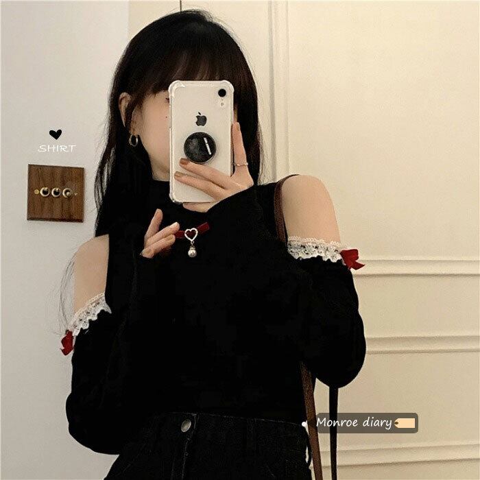 トップス ブラックTシャツ シャツ オータムウィンターショート ロング 秋物 冬物 オフショルダー モンロー88389728359