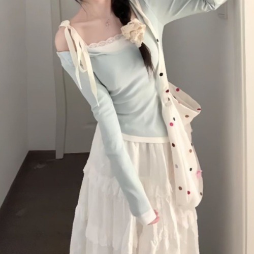 【2点セット】アシメリボンオフショルトップス+ティアードマキシスカート ・78913