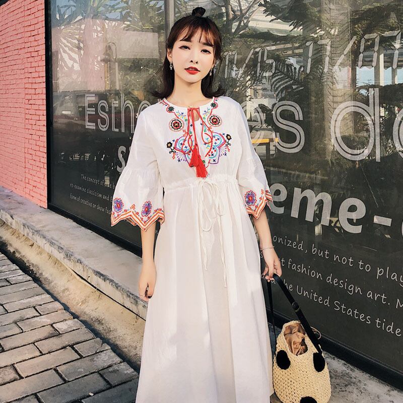サマースタイルエスニック刺繍薄手スタンダードドレス コットン レトロ 夏物 延命家ファッション6603645