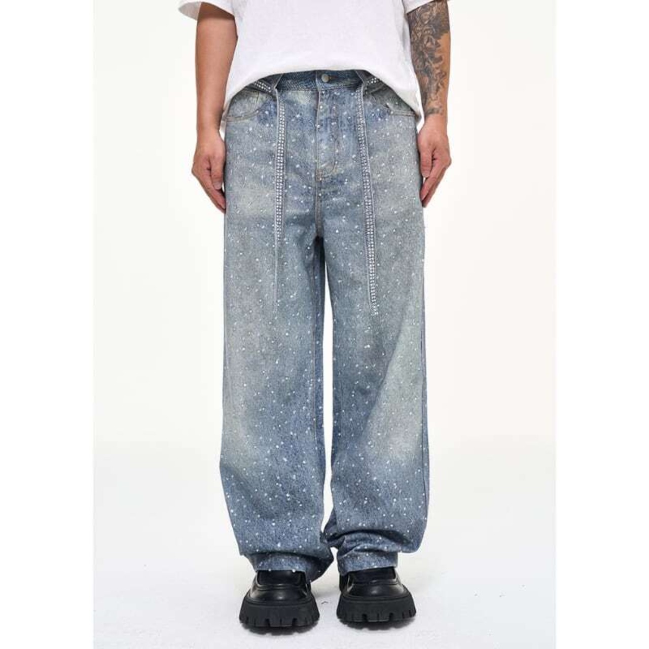 rhinestone wide  blue denim - 5