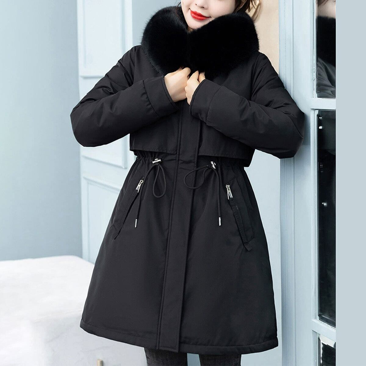 ダウン コート 中綿 防寒 保温 レディース 秋冬 韓国 ミドルコート きれいめ 大人 カジュアル おしゃれ 通勤 通学 OL 学生 暖かい フェイクダウン ウエストマーク フード付き 大人可愛い 大人女子