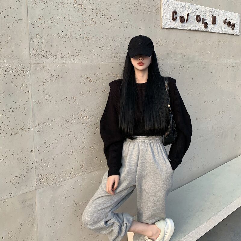 セーター ルーズブラックスプリングスタイルスタンダードラウンドネックプルオーバー トップス レトロ 春物 Oネック ブラックストロベリース44055047982