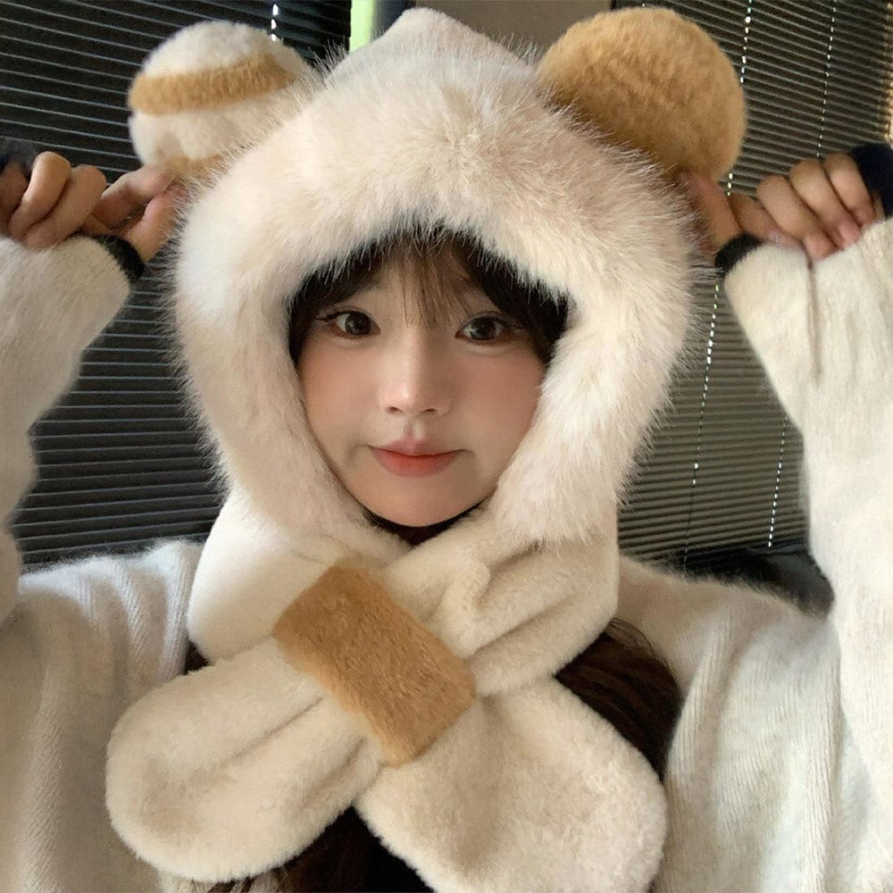 マフラー付き くまみみ 帽子 レディース 秋冬 ボアハット 防寒 保温