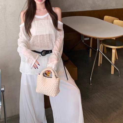 オープンショルダーリブシアートップス ・11663