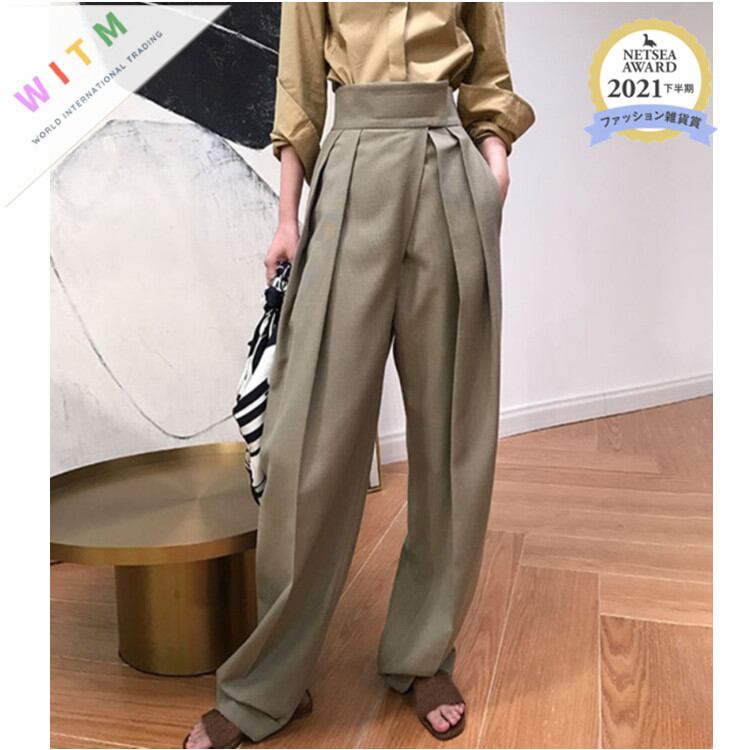 2022春夏新作 ロングパンツ ワイドパンツ ロング丈ズボン ハイウエスト プリーツ レディース 着痩せ