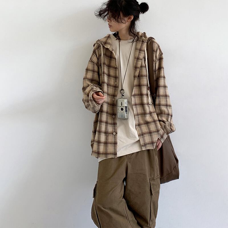 jiwuus茶色フード付きチェック柄長袖シャツ | mblueshop