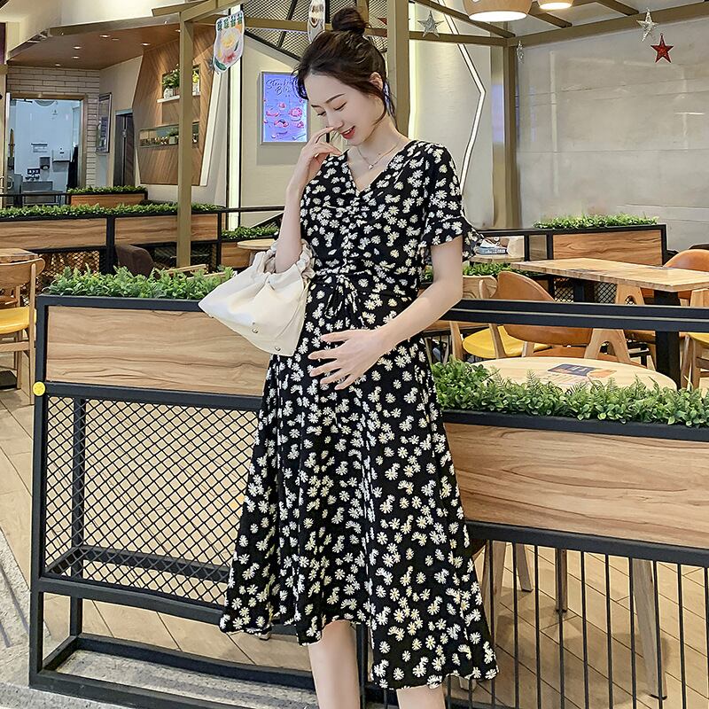 【新作】【送料無料】 マタニティウェア2020夏の新しい綿とリネンのデイジーVネックウエストドレスミドル丈ドレス妊婦-アリババ コットン サマー 夏物 expec240177399702