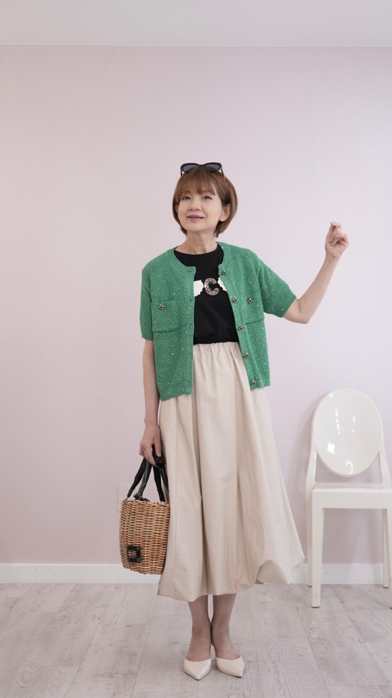 ノーカラーニットジャケット13000➕tax