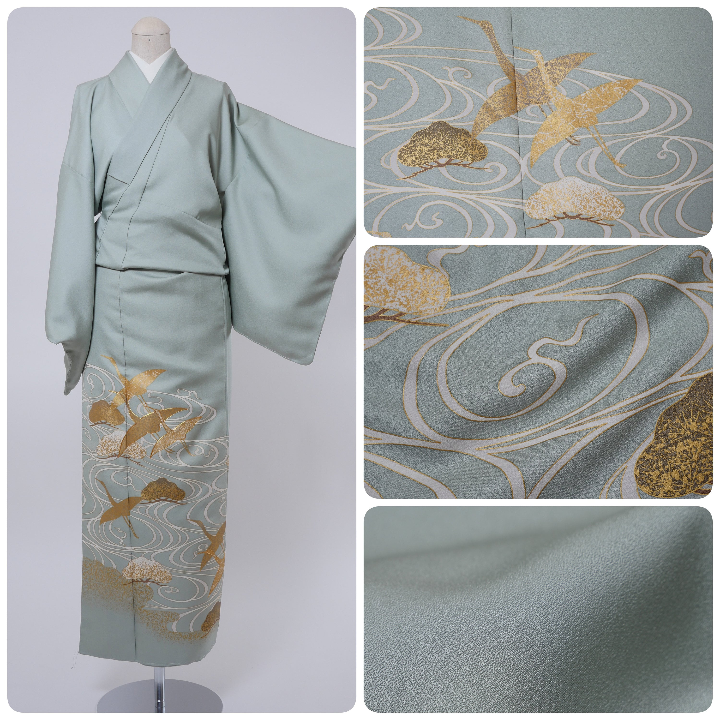 Vintage light green silk iro-tomesode kimono with a motif of cranes and  pine (167.5 cm) | Tokyo Wonder | Store