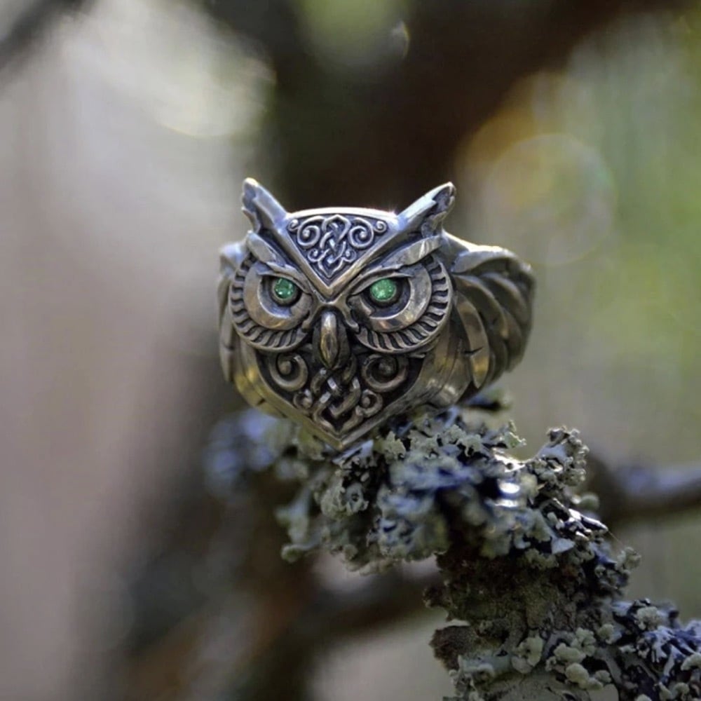 フクロウ リング 梟 鳥 指輪 アクセサリー シルバー グリーン フリーサイズ