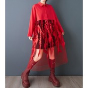 シアー 切替 リーフデザイン ワンピース  00345