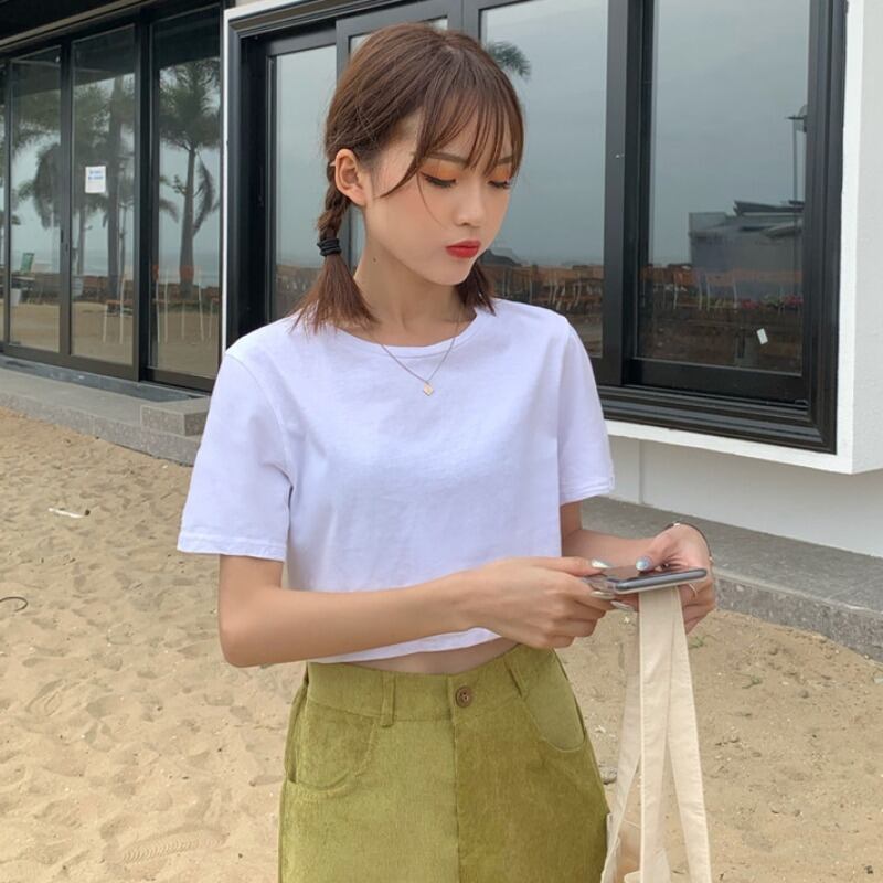 ラウンドネックショートクロップドTシャツ シャツ スプリングオータムスタイルルーズトップス 春物 秋物 Oネック 1号婦人91840658992