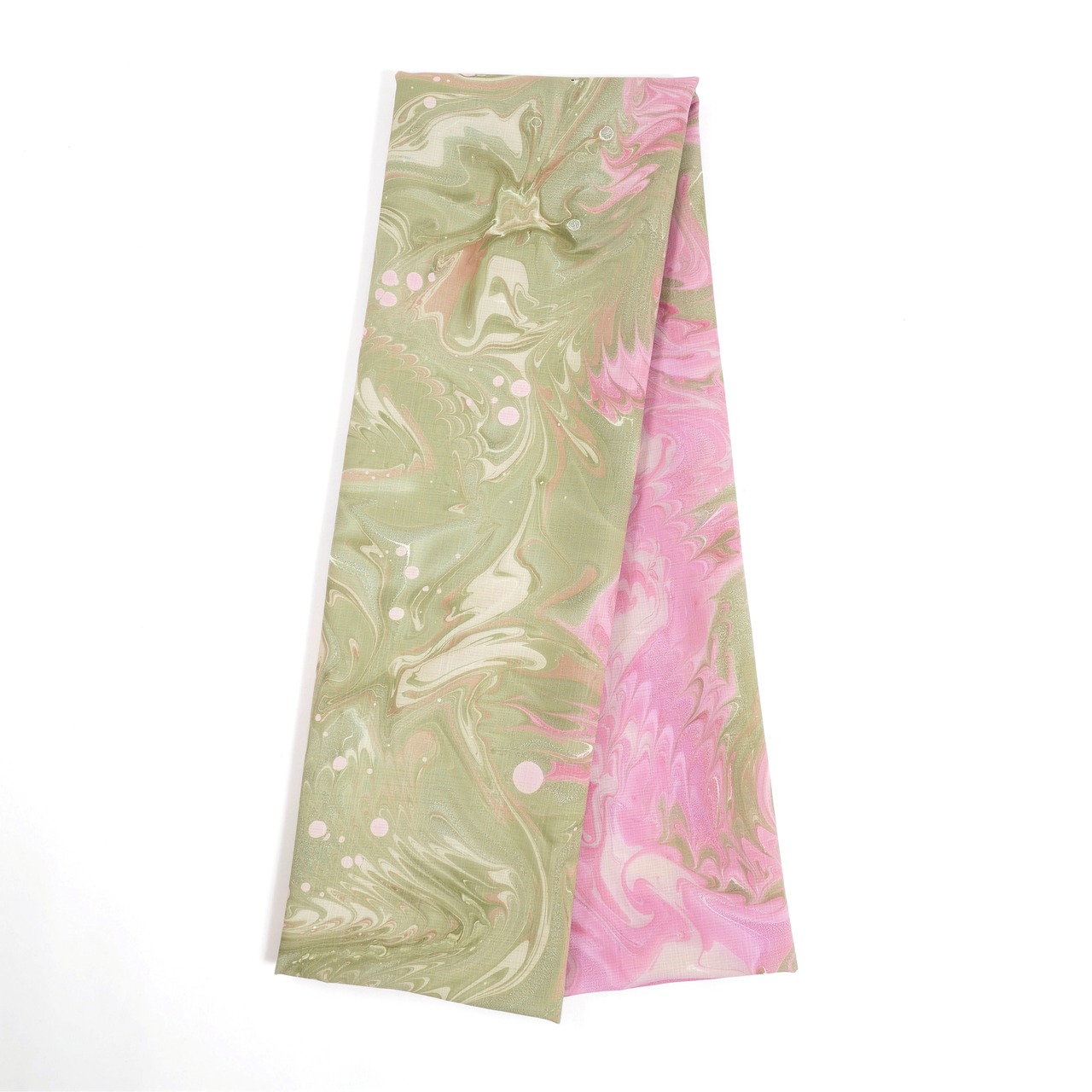 リバーシブル半巾帯 ❤︎［草柳色×積紅］本墨流し柄