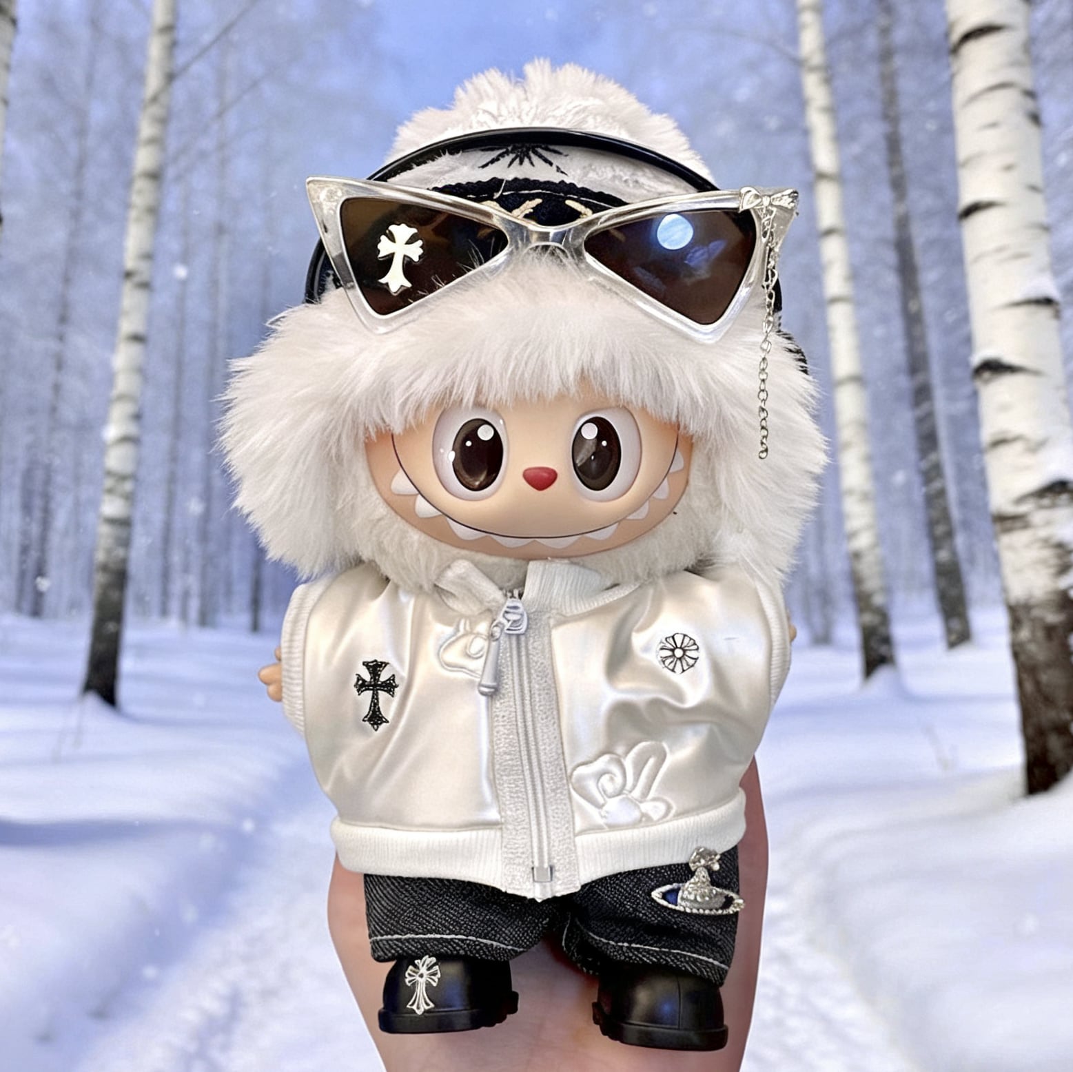 可愛すぎる!冬限定 シルバーコーデ♡ Labubu 冬のふわふわ帽子コーデ シルバープレス加工 全6点 17cm人形用 まるごとコーデ フルセット おしゃれ 可愛い