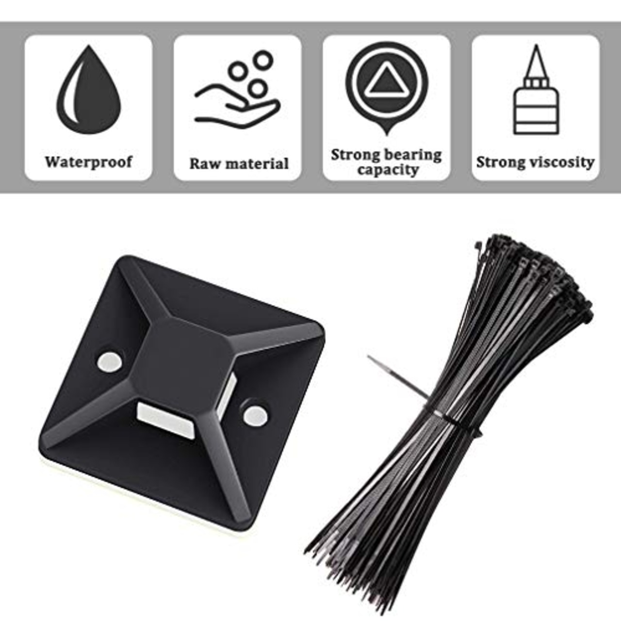 ケーブルタイ マウントベース ナイロン結束バンド セット ナイロンケーブルストラップ 強力粘着テープ付き 配線 固定具 ケーブル コード 収納 整理 耐熱 耐候性 120個セット ブラック By Viaky